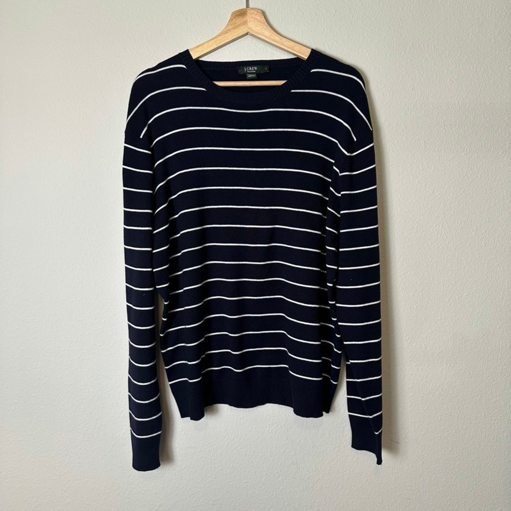 J.Crew Pima Cotton Striped Crewneck‎ Sweater Mens L Navy White Nautical Mariner